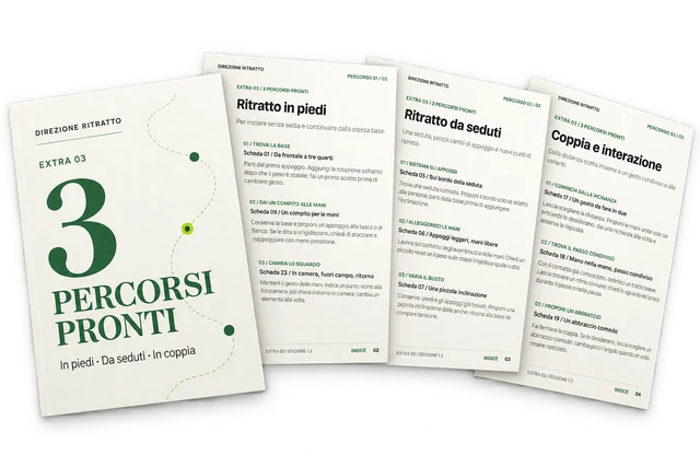 Mockup illustrativo di 3 percorsi pronti: la guida digitale e le pagine per ritratto in piedi, da seduti e coppia.