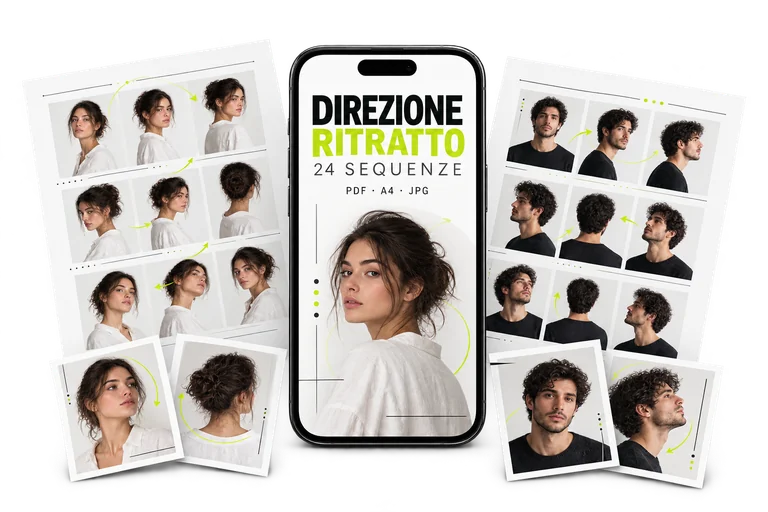Mockup del kit digitale Direzione Ritratto: telefono, pagine A4 e schede illustrate.
