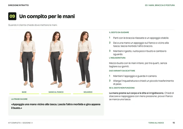 Pagina reale del PDF A4: scheda 09, Un compito per le mani. Immagine, frase, tre passaggi, inquadratura, due varianti e correzione.