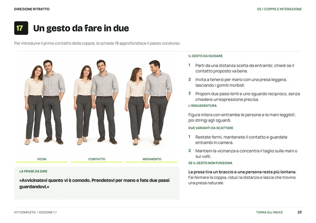 Pagina reale del PDF A4: scheda 17, Un gesto da fare in due. Immagine, frase, tre passaggi, inquadratura, due varianti e correzione.