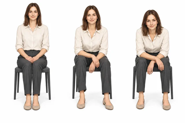 Illustrazione didattica: una donna seduta passa da mani in grembo ad avambracci appoggiati e lieve inclinazione in avanti.